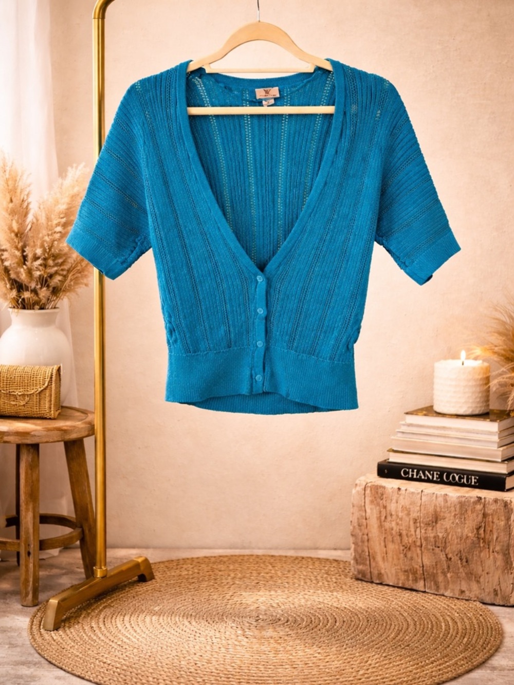 Worthington Teal Blue Ribbed Sweater Sm V Neck Button Front Short Sleeve Preppy